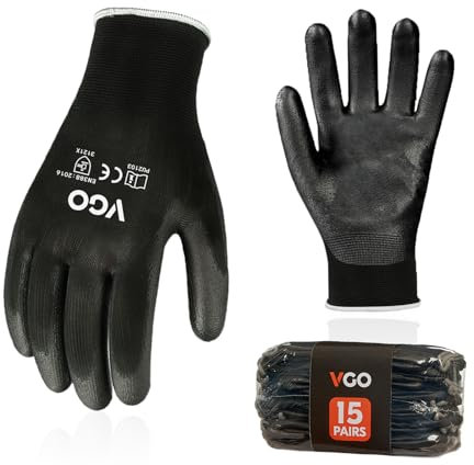 Vgo... 15Pairs Safety Work Gloves,Gardening Gloves,Polyurethane Coated,Dipping Gloves,Latex Free(Size L,Black,PU2103)