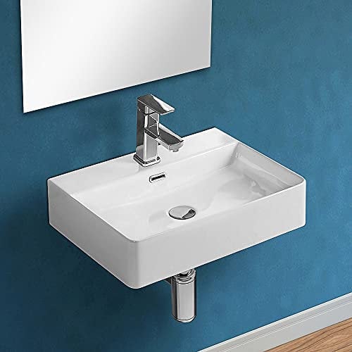 Inbagno Lavabo in Ceramica sospeso Rettangolare, 3 larghezze Disponibili, Bianco Lucido con Foro Miscelatore (Larghezza 50 cm)