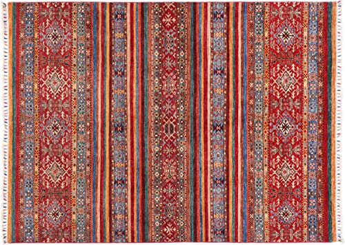 RUG PRINCE Afghan Ziegler Khorjin Teppich 170x240 Handgeknüpft Rot Streifen Orient Kurzflor d