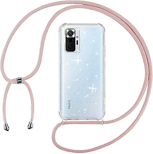Tikgue Handykette für Xiaomi Redmi Note 10 Pro/Note 10 Pro Max Hülle mit Band, Handyhülle mit Kordel zum Umhängen Schutzhülle mit Kette Glitzer Transparent Weich TPU Silikon Bumper - Roségold