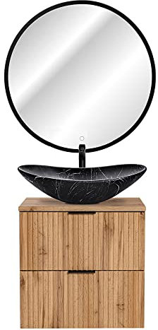 Lomadox Badezimmermöbel Badmöbel Gäste WC Bad Set, 60 cm Waschtisch-Unterschrank Wotaneiche mit 61,5 cm Keramik Waschbecken, 80 cm LED-Spiegel mit Touch