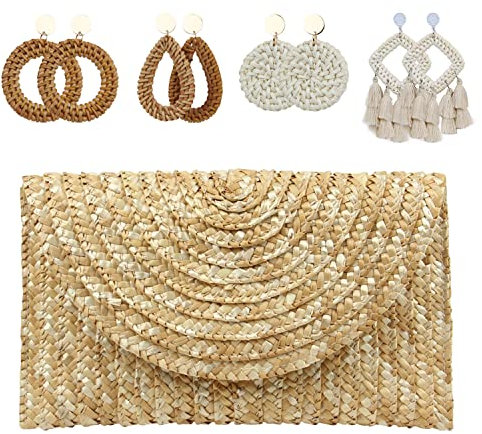 EVEOUT Sac à Main de Soirée en Paille tressée pour Femme Pochettes de Fête Mariage Paille d'été Sac de Vacances Plage(Sac et Boucles d'oreilles 02)