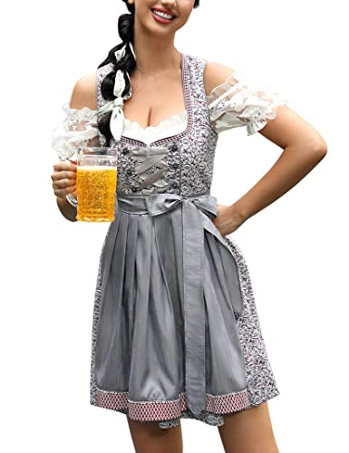 KOJOOIN Robe Traditionnelle Midi Courte Dirndl Pour Femme en Trois Parties : Robe, Tablier, Chemisier Pour L'Oktoberfest Fleurs de Cajou (3 Pièces) 38