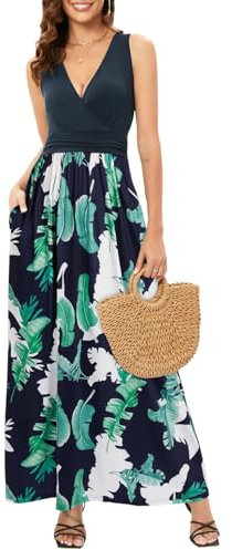 OUGES 2024 Womens Sleeveless V-Neck Wrap Summer Dress Floral Maxi Dresses with Pockets(Floral01-3142,L)
