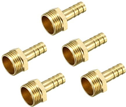QUARKZMAN 8mm Púas x 3/8 PT Macho Rosca Latón Espiga Manguera Montaje x 5uds Tubo Conector Adaptadores para Manguera Conexión, Conector de Lengüeta de Latón [Dorado Tono]