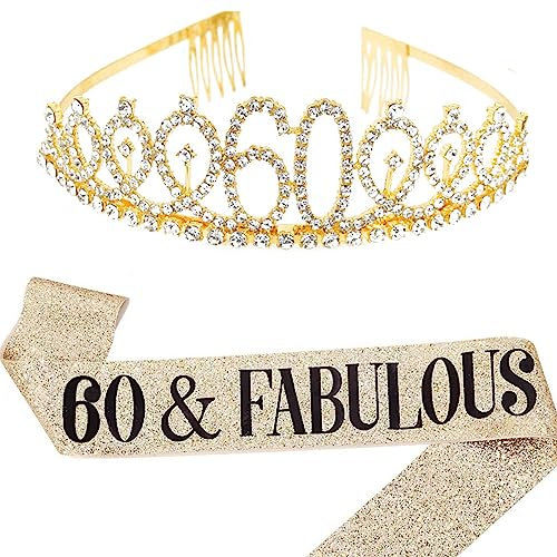 Geburtstag Königin Schärpe & Strass Tiara Kit - 21. 30. 40. 50. 60. Geburtstag Geschenke Geburtstag Schärpe für Frauen Geburtstag Party Supplies (Gold 60th)