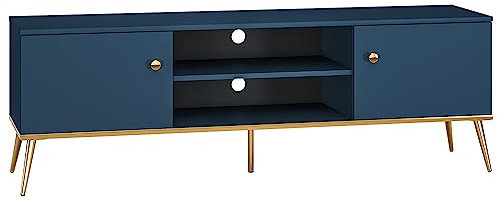 TV Lowboard in dunkelblau mit goldfarbenen Griffen und Füßen, B/H/T ca. 160/54/40 cm