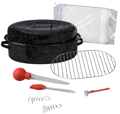 Granite Ware Ensemble de rôtissoire ovale de 48,3 cm (10 pièces), comprend un couvercle, un support, 2 sacs de saumure, un thermomètre à viande qui passe au four/grill, une poire à dinde avec ampoule
