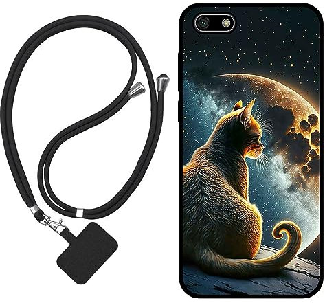 Sunrive Hülle Kompatibel mit Huawei Y5 2018 Case,matt Handyhülle Schutzhülle Etui Karikatur Muster TPU Backcover (Mond,Sterne,Katze) +1x Universale Handykette MEHRWEG