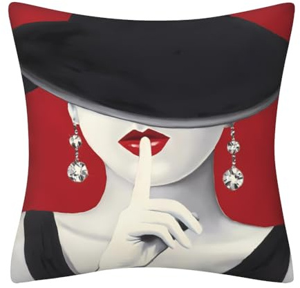 DILOXNSU Cushion Covers Elegant Modern Girl Velvet Square Double Sided Printing Red Black Decorative Pillows Cover for Sofa Bed Home Office Garden Cushions Covers 45 x 45 cm 18 x 18 inch