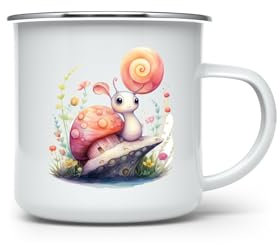 MAXIKIWI - Langlebiger Emaille-Kaffee- oder Teetasse für den Innen- und Außenbereich – niedliche Feen-Schnecken-Illustration – 350 ml