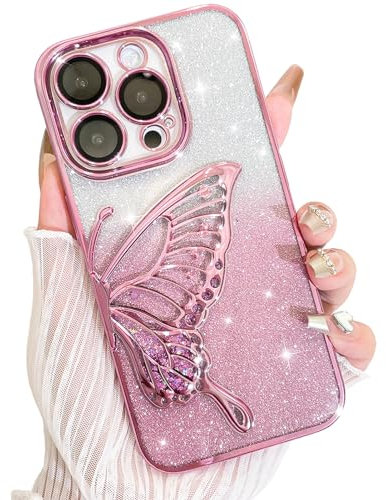 AIGOMARA Hülle Glitzer für iPhone 15 Pro Max, Handyhülle 3D Schmetterling Muster, Flüssig Treibsand, Schutzhülle Kameraschutz, Dünn Aesthetic Silikon Bumper Stoßfeste TPU Case, Mädchen Frauen, Rosa