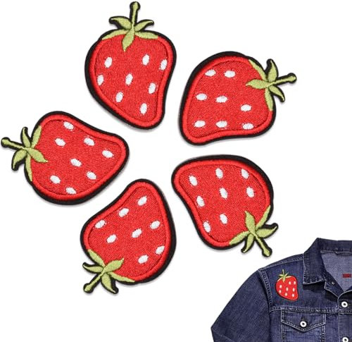 5 Stück Erdbeer Bügelbild, Erdbeer-bestickte Aufnäher, Erdbeer Patches, Erdbeere Applikationen Patch zum Aufbügeln oder Aufbügeln für Jacken, Jeans, Rucksäcke, Kleidung
