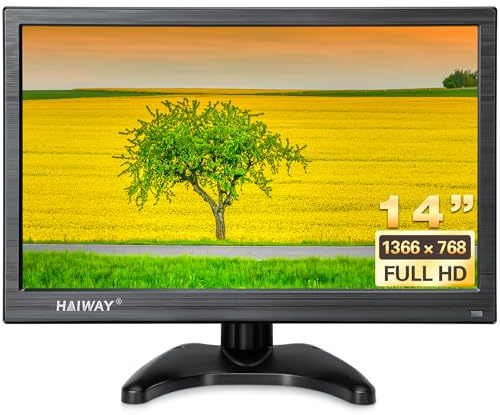 Haiway 14 Zoll Sicherheitsmonitor, 1366 x 768 Zoll Auflösung, Kleiner PC Monitor, Eingebaute Lautsprecher mit HDMI/VGA/BNC/AV Ports, Mini HDMI Monitor für Laptop