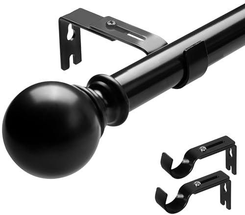 25mm Curtain Poles 66-183cm, Black Curtain Rod for Eyelet Curtains with Round Finials and Brackets for window, door, bedroom, bathroom