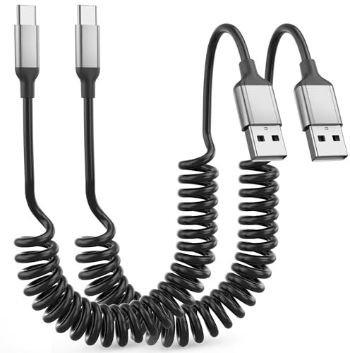 Coiled USB C Cable Short, 2 Pack Car USB C Charging Cable Type C Charger Cable Fast Charging USB A to USB C Spiral Cable with Data Tranfer for Samsung Galaxy, Huawei, Google, Oneplus, Android Auto