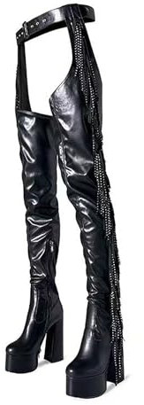 DETOGNI Damen Overknee-Stiefel mit Gürtel, Plateau-Stiefel, Fransen, silberfarben, glänzende Nieten, Blockabsätze, Oberschenkelhohe Stiefel, Schwarz, 38 EU