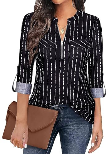 Gemulate Women's Black Stripe Floral Printed 3/4 Sleeve Zip Up V-Neck Blouse - XXL