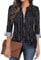 Gemulate Women's Black Stripe Floral Printed 3/4 Sleeve Zip Up V-Neck Blouse - XXL
