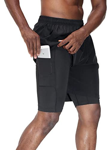 HMIYA Herren 2 in 1 Shorts Fitness Sporthose Kurz Jogginghose Schnelltrocknende Laufhose mit Kompressionsshorts und Taschen Reißverschlussfach(Schwarz,EU-5XL/US-4XL)