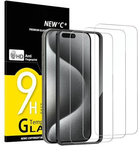 NEW'C 3 Piezas, Protector Pantalla para iPhone 15 Pro (6,1 Pulgadas), Cristal templado con herramienta de instalación fácil incluida, Antiarañazos, Antihuellas, Dureza 9H, Ultra Resistente