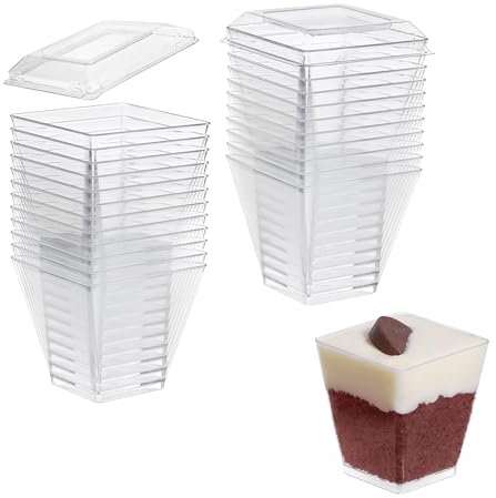 EURO CLASSIC Plastic Mini Dessert Cups/Bowls with Lids - Reusable 24 Pack, 2oz or 4oz, Small Fruit Cups/Appetizer Serving Bowls for Pudding/Trifles (60ml)