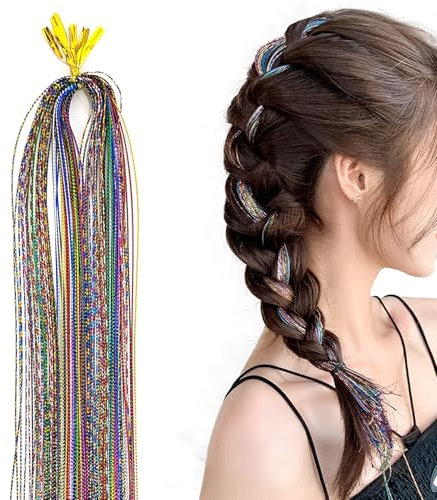 Buntes Haarlametta Glitzernde, 50 Stück Haarschnüre Tinsel Hair Extensions Party Highlights Hair Tinsel Haarsträhnen Zum Einflechten Fadengarn Flechtdrahtband für Mädchen Frauen (50 Stück Metall)