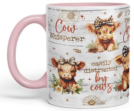 Vixar Easily Distracted by Baby Cow Whisperer I just Realy Love Cow Highland Scottish Farm Animals Ceramic Coloured Mug Cup for Tea Coffee Hot Brew 330ml 11Oz Gift (Pink)