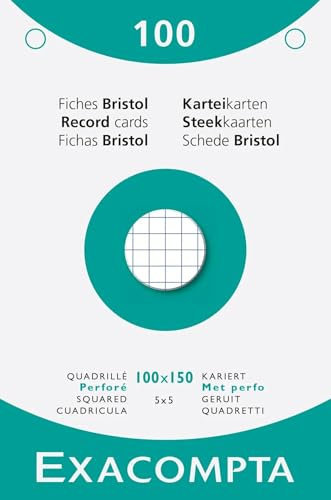 Exacompta - Réf. 13602E - Carton de 10 étuis de 100 fiches bristol quadrillées 5x5 perforées - format 100 x 150 mm - - couleur blanc