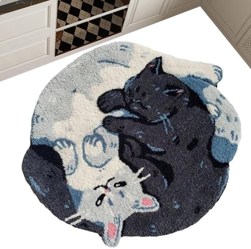 Generisch Yin-Yang-Katzen-Badematte für Badezimmer - Schwarz-Weißer Badezimmerteppich, Kleine Runde Anti-Rutsch, Goth-Kreis, Abstrakte, Minimalistische, Lustige, Coole