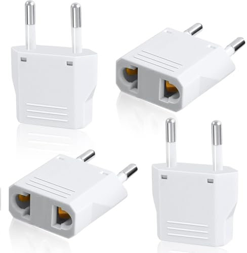 TECHZOCO Adaptador de Enchufe de EEUU a Enchufe Europeo, Adaptador de Corriente Americano a Europeo, Enchufe Viaje, 125~250 V/6 A, Potencia máxima a 250 V: 1500W, Blanco, 4 Unidades