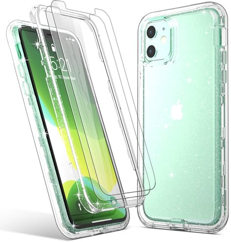 LUNOVATE Case for iPhone 11 Shockproof Glitter 360 with 2 Screen Protector Hard PC + Soft TPU 3 in 1 Bumper Cover Transparent Protective Phone Case for iPhone 11 6.1 inch - Clear Glitter
