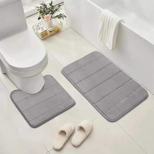 ZIYA HOMES Grey Memory Foam Bath Mat Set (50x40cm+50x80cm), Extra Soft Non-Slip, Super Absorbent Bath Mats for Bathroom Floor, Machine-Washable Dry Bath Rug Foot Mat, Doormat