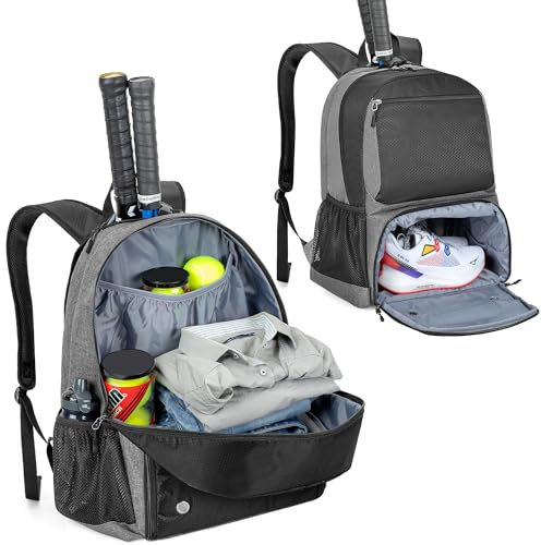 DSLEAF Tennistasche mit separatem belüftetem Schuhfach, Tennisrucksack für 2 Schläger mit gepolsterten Schultergurten Grau