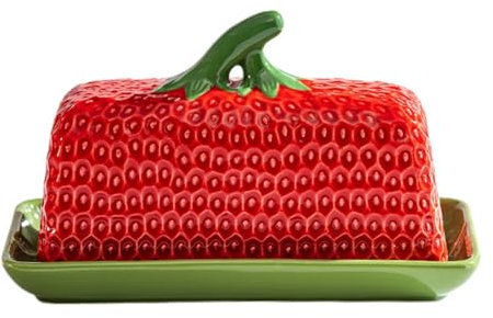 Belupai Keramik-Butterdose mit Deckel, Erdbeer-Arbeitsplatten-Butterteller, Butterbehälter, Butterhalter, Topf, Buttertablett, Buttermesserhalter für Zuhause und Restaurant (A)