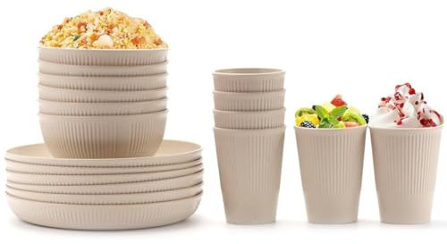 18 Pieces Plastic Dinnerware Set Unbreakable Lightweight Plates Bowls Cups Set for Party Picnic (Beige)