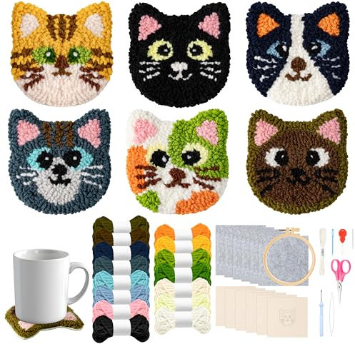 WATINC Punch Needle Untersetzer Kit Punch Needle Untersetzer Kit Katze DIY Handwerk Stickerei Kit Easy Embroidery für Anfänger Coaster Kunst und Handwerk Needle Coaster