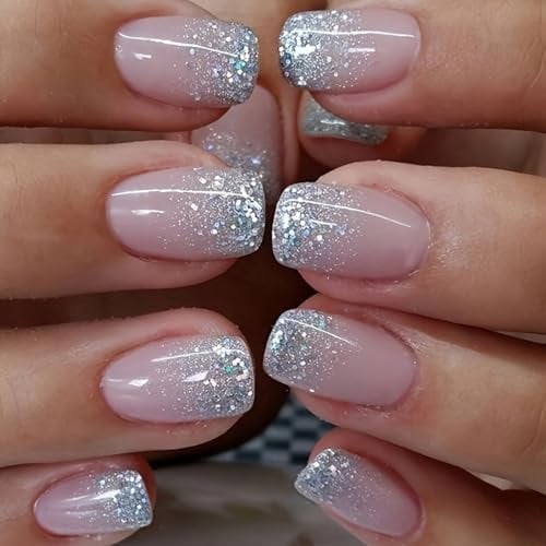 Ceboic 24Pcs Court Carré Faux Ongles Rose Brillant Ongle Artificiels Français Press on Nails Acrylique Couverture Complète Ongles à Coller Ballerine Faux Ongles Autocollants pour Femme Fille Nail Art