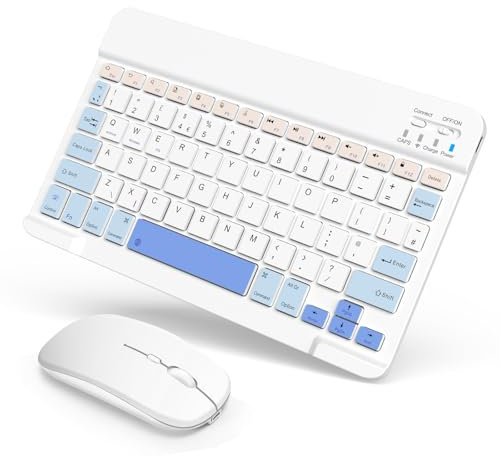 SOPPY Portable Bluetooth Keyboard and Mouse, Rechargeable Mini Keyboard, Wireless Keyboards for iPad 9.7/10.2/iPad Air/Pro/Tablets/iOS/Android/Windows, UK Layout (White & Blue)