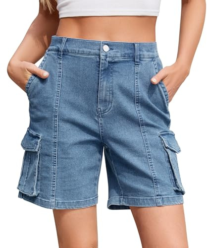 IVIR Bermuda Cargo Shorts for Women Knee Length 6 Pockets Elastic Waist Long Shorts for Summer Casual Dark Blue XL