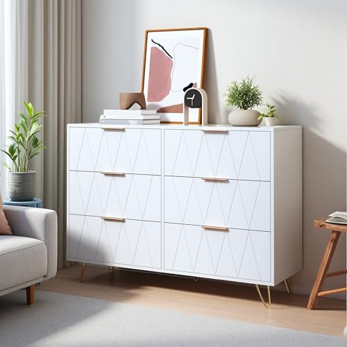 Yeutre Commode avec 6 Tiroirs 100cm, Commode Chambre Blanche, Meuble de Rangement, Armoire à tiroirs avec Pieds Métal pour Salon, Chambre, Salle à Manger (Blanc-6 Tiroirs, 34P x 100l x 72,5H cm)