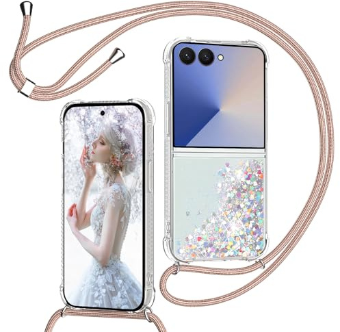 Coque pour Samsung Galaxy Z Flip 7 avec Cordon, Paillette Liquide Étui pour Téléphone avec Lanière, Transparent Silicone Collier Réglable Protection Housse Portable Lanyard Case, Or Rose