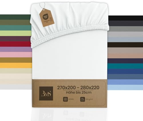 Bettwaesche-mit-Stil Familienbett Spannbettlaken Jersey Spannlaken Spannbetttuch (270x200-280x200 cm, Matratzenhöhe bis 25cm, Weiß) Gewicht: 180g/m², 90% Baumwolle 10% Elasthan