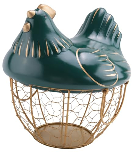 Elqater Egg Storage Basket Metal Wire Fruit Basket with Chicken Shape Lid Ceramic Egg Holder, Storage Holds 30 Eggs