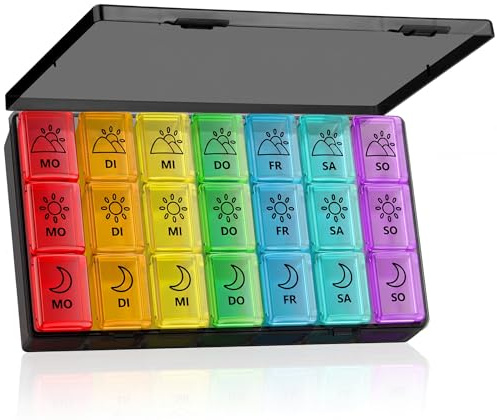 Yaklim Tablettenbox 7 Tage Morgens Mittags Abends, Tragbare Pillendose mit Großen Fächern， Medikamentenbox 7 Tage 3 fächer, lichtundurchlässiger Pillenbox für Medikamente, Vitamine Fischöle (schwarz)