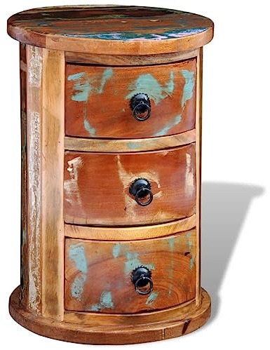 Kythralux Beistellschrank mit 3 Schubladen aus Altholz massiv, runder Holzschrank mit Eisengriffen, stabile Kommode und Sideboard für Wohnzimmer, Büro, Flur, Küche und Schlafzimmer mit Stauraum