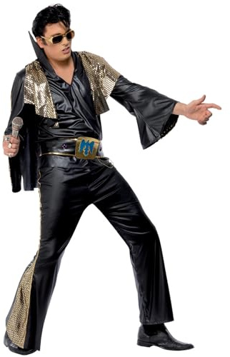 Smiffys Elvis Costume in Black and Gold for Adults, Shirt, Trousers, Cape, and Belt, Officially Licensed, Black Flared Trousers with Gold Insert, Ideal for Matching Music-Themed Fancy Dress