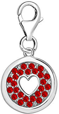 Quiges Charm Anhänger Rot Zirkonia Münze mit Offen Herz 925 Silber mit Karabinerverschluss für Bettelarmband