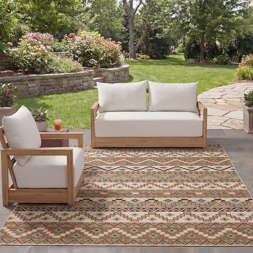 SAFAVIEH Washable Rug Outdoor Veranda Collection - 6'7 x 9'6, Cream & Brown, Non-Shedding & Easy to Clean, Ideal for Patio, Backyard, Mudroom (VER095-0215)