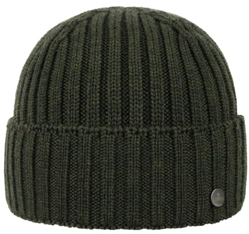 Lierys Merino Knitted Men’s hat (20 cm Long) – Made in Germany - Rib Knit Winter hat Made of Merino Wool - one-Size (55-60 cm) - Turn-up Brim in Autumn/Winter Olive One Size
